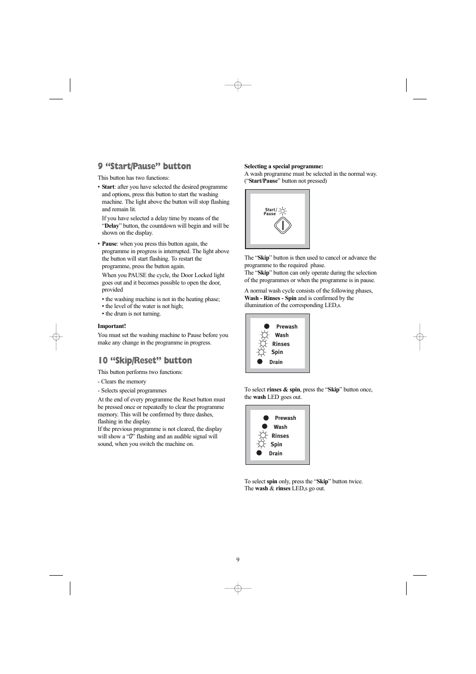 9 “start/pause” button, 10 “skip/reset” button | Zanussi ZWN 1420 G User Manual | Page 9 / 28