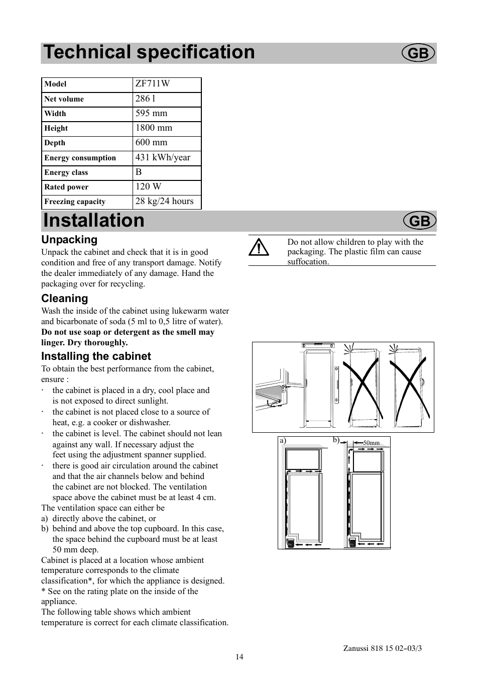 Technical specification, Installation | Zanussi ZF711W User Manual | Page 14 / 20