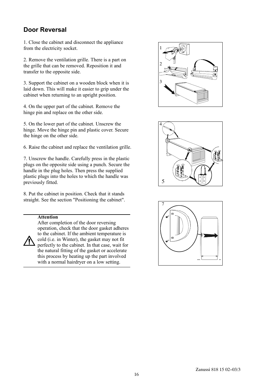 Door reversal | Zanussi ZF711W User Manual | Page 16 / 20