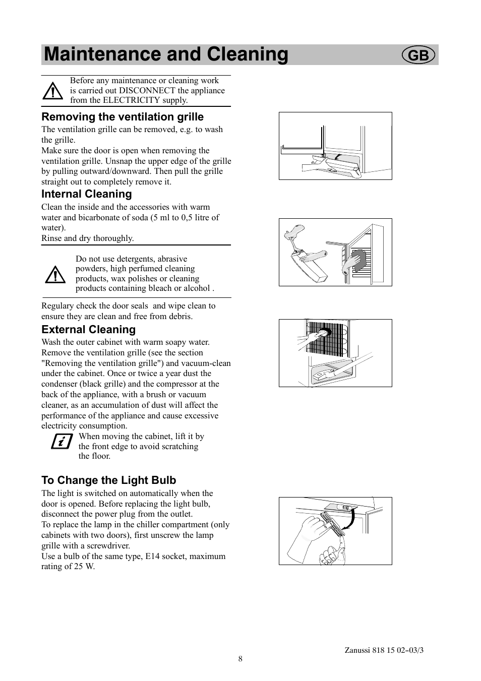Maintenance and cleaning | Zanussi ZF711W User Manual | Page 8 / 20