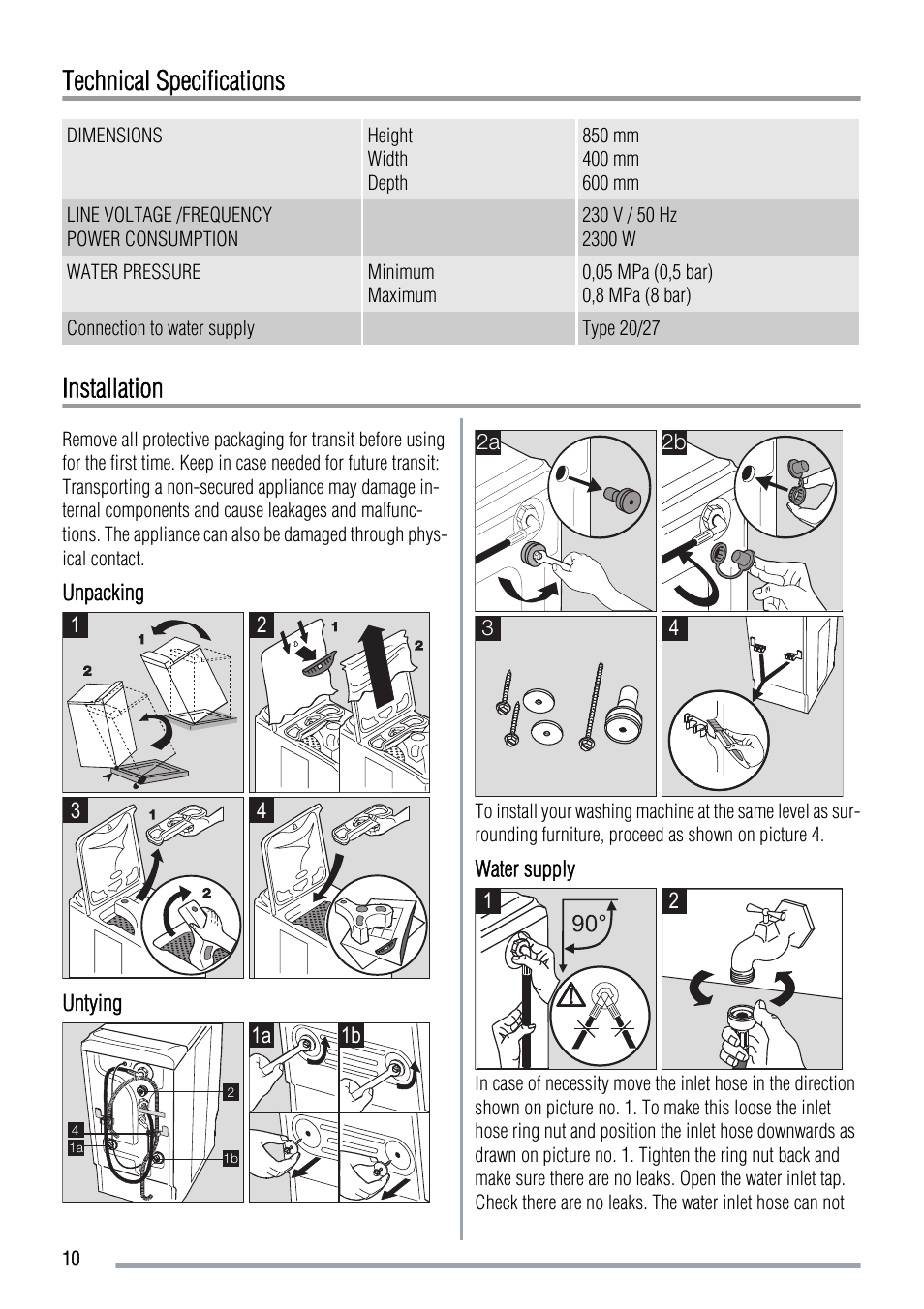 Technical specifications, Installation | Zanussi ZWQ 6120 User Manual | Page 10 / 12