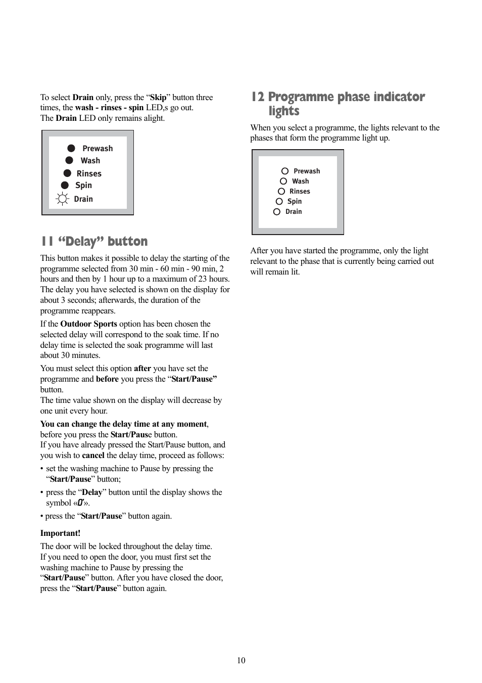 11 “delay” button, 12 programme phase indicator lights | Zanussi ZWF 1218 W User Manual | Page 10 / 28