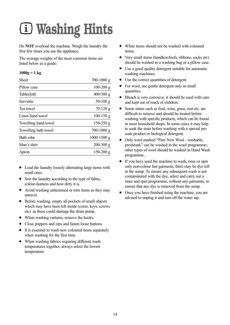 Washing hints | Zanussi ZWF 1218 W User Manual | Page 14 / 28