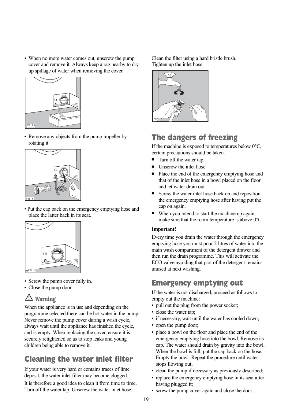 Cleaning the water inlet filter, The dangers of freezing, Emergency emptying out | Warning | Zanussi ZWF 1218 W User Manual | Page 19 / 28