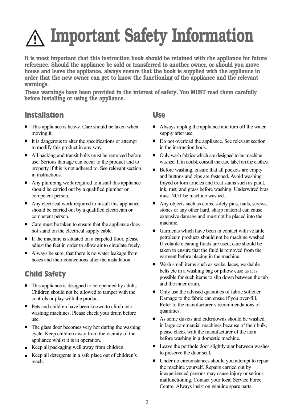 Important safety information, Installation, Child safety | Zanussi ZWF 1218 W User Manual | Page 2 / 28