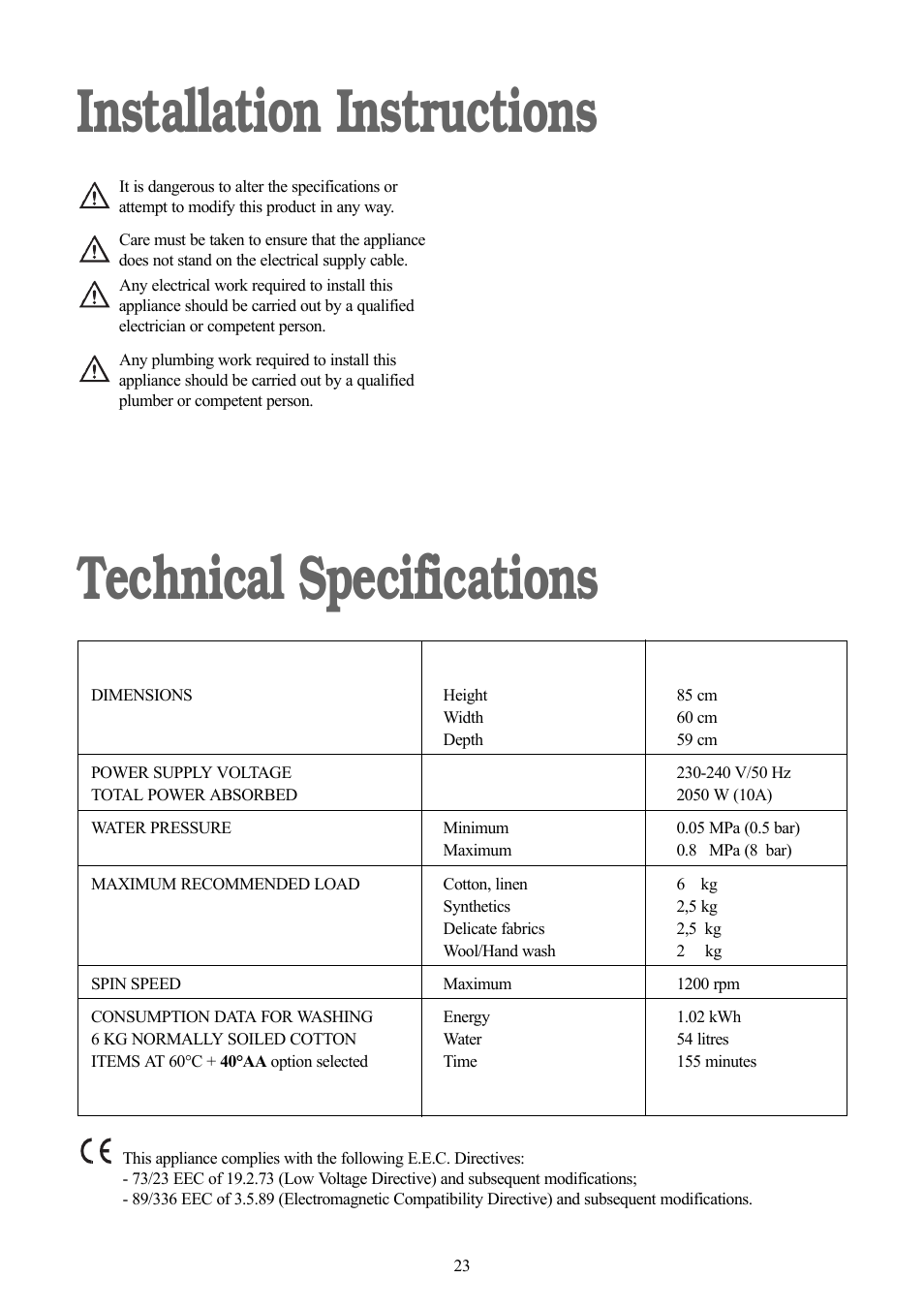 Installation instructions technical specifications | Zanussi ZWF 1218 W User Manual | Page 23 / 28