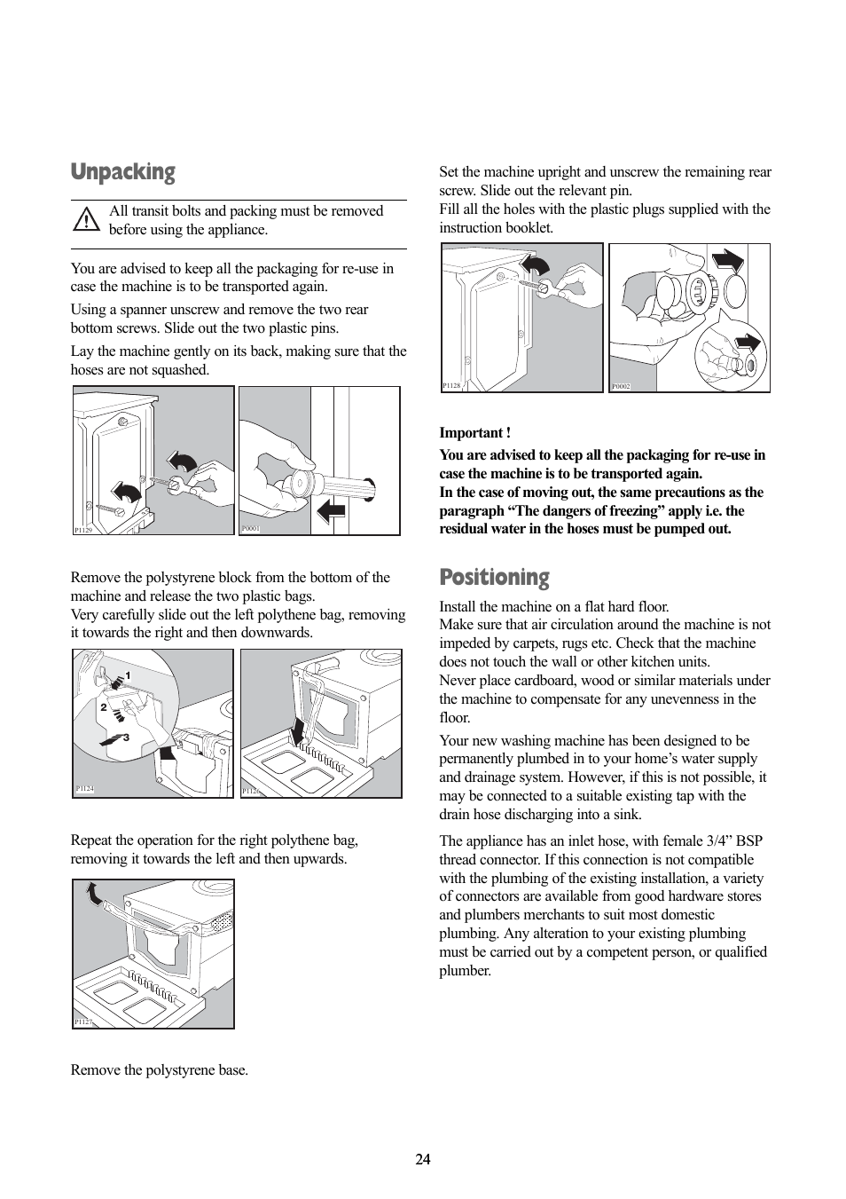 Unpacking, Positioning | Zanussi ZWF 1218 W User Manual | Page 24 / 28