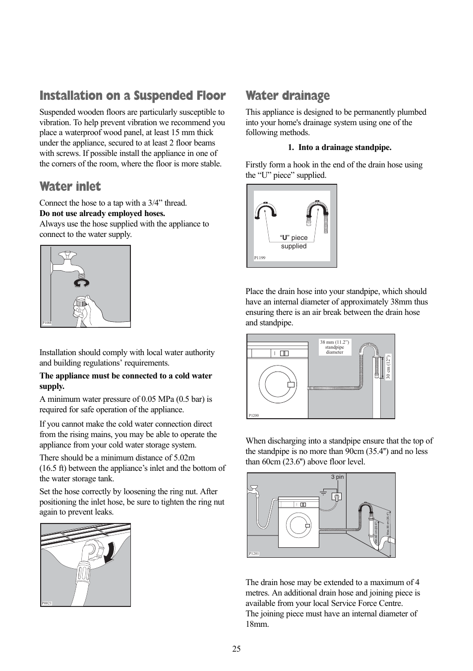 Installation on a suspended floor, Water inlet, Water drainage | Zanussi ZWF 1218 W User Manual | Page 25 / 28