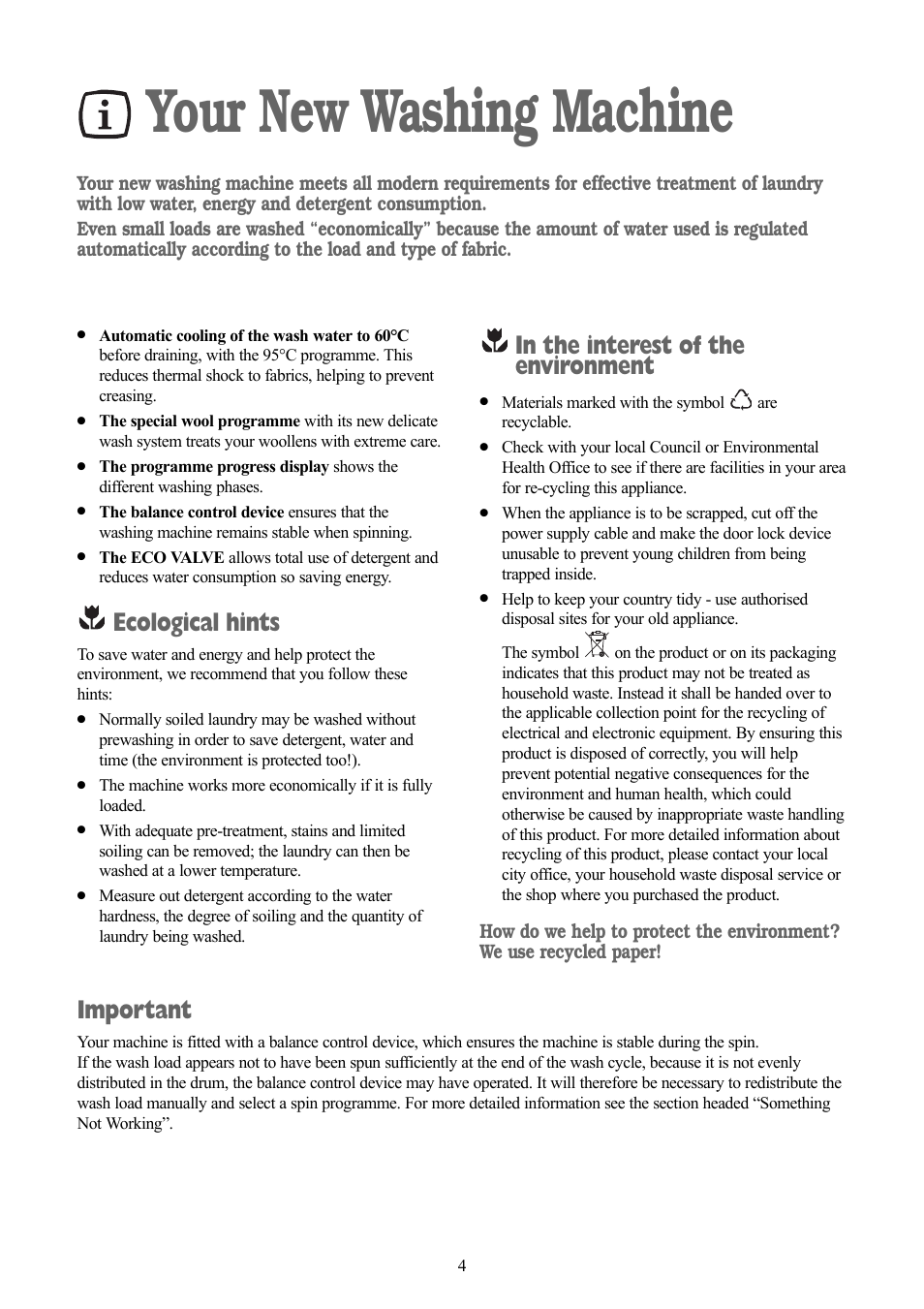 Your new washing machine, Ecological hints, Important | Zanussi ZWF 1218 W User Manual | Page 4 / 28