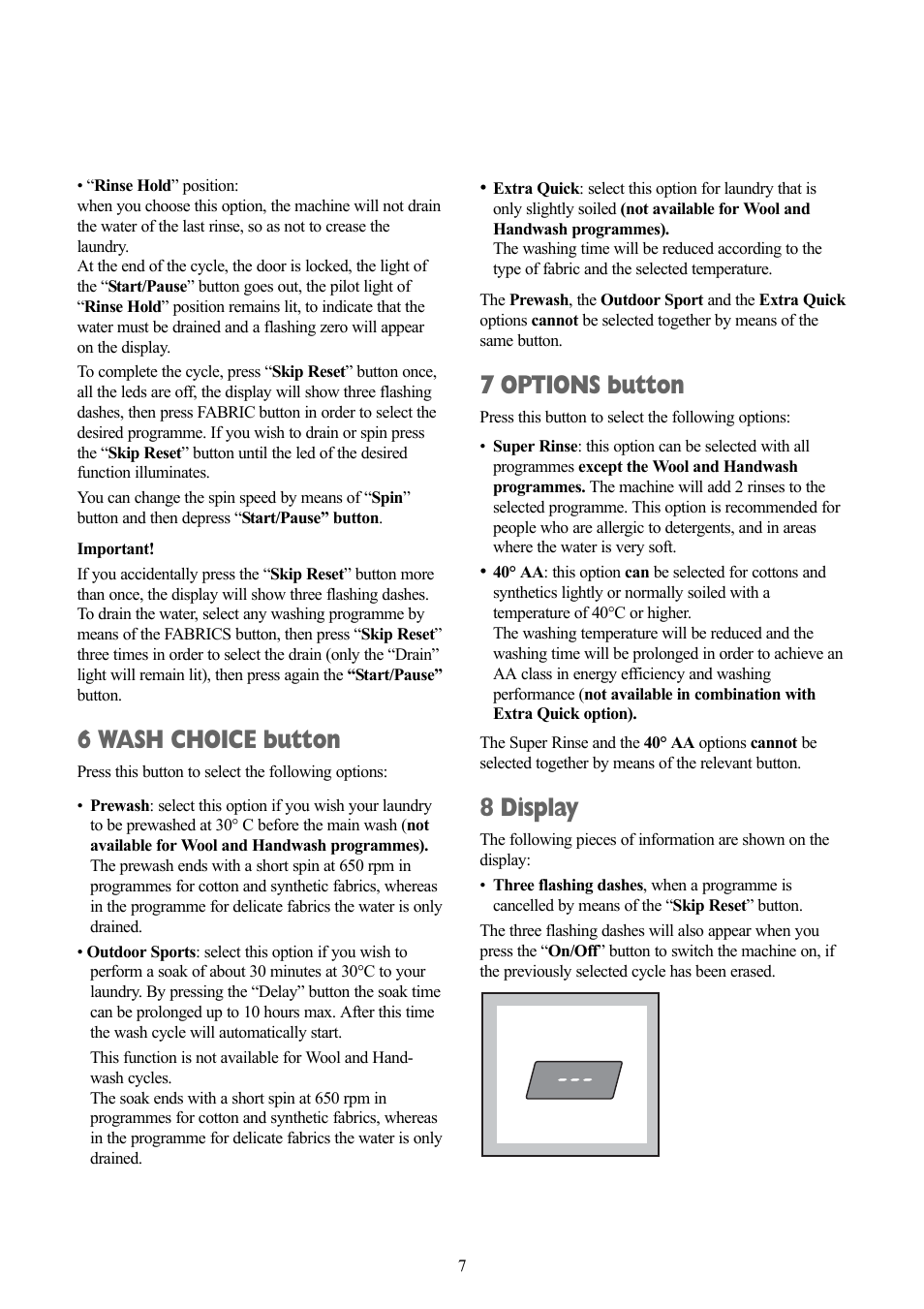 6 wash choice button, 7 options button, 8 display | Zanussi ZWF 1218 W User Manual | Page 7 / 28