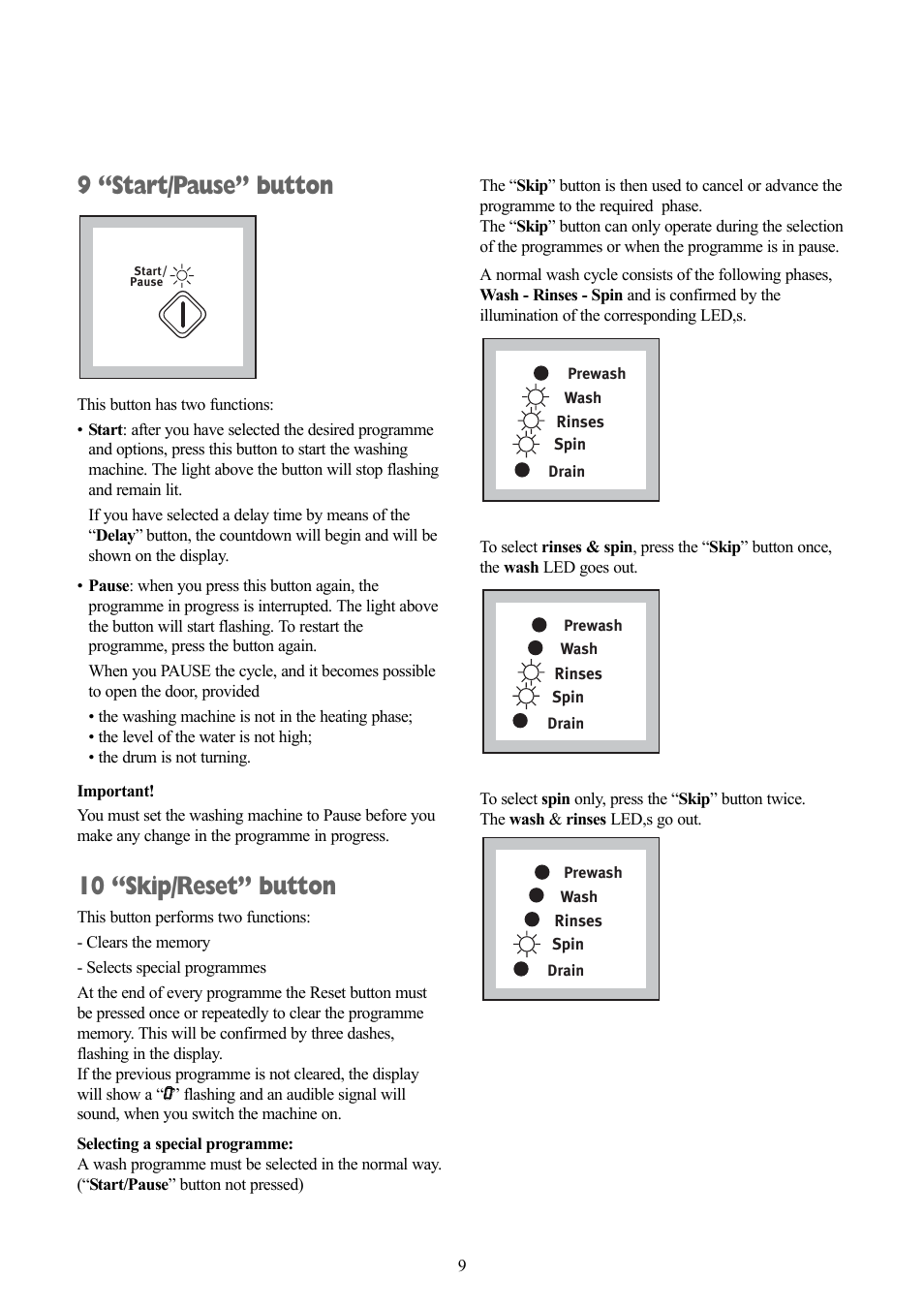 9 “start/pause” button, 10 “skip/reset” button | Zanussi ZWF 1218 W User Manual | Page 9 / 28
