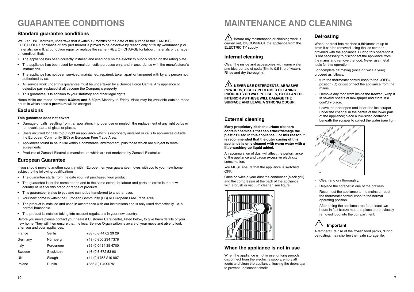 Maintenance and cleaning, Guarantee conditions | Zanussi ZF 57 W User Manual | Page 10 / 16