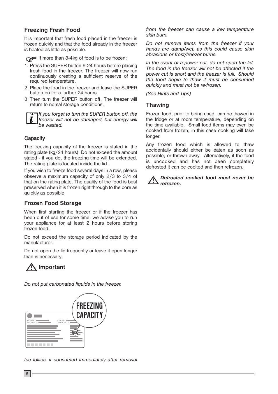 Freezing capacity | Zanussi ZCF 52 C User Manual | Page 6 / 16