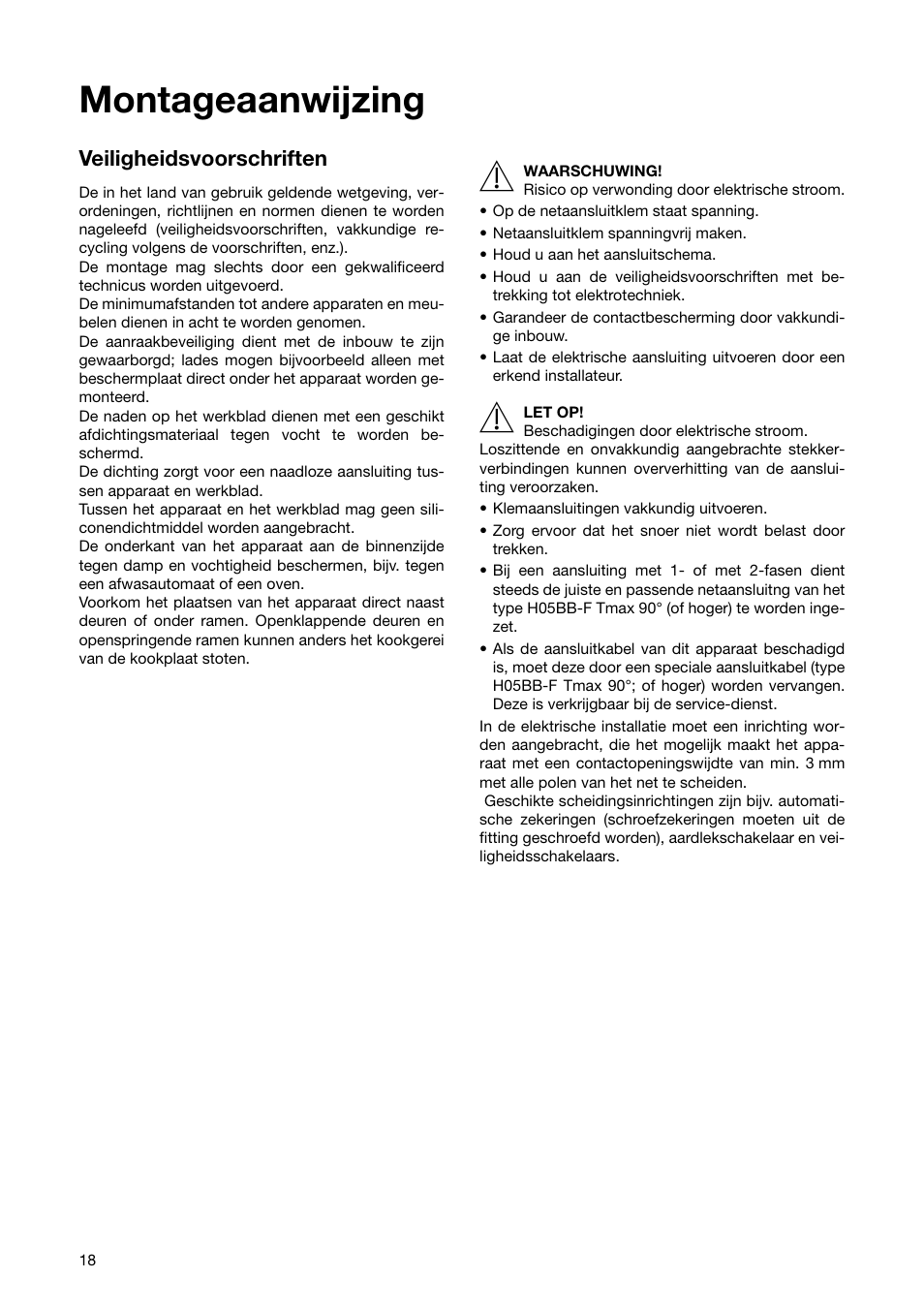 Montageaanwijzing, Veiligheidsvoorschriften | Zanussi ZKT 652 DX User Manual | Page 18 / 44