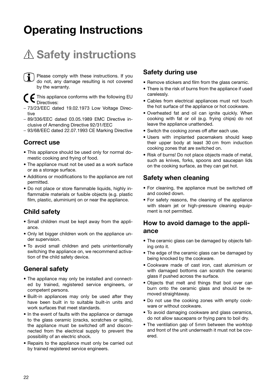 Operating instructions 1 safety instructions 3, Correct use, Child safety | General safety, Safety during use, Safety when cleaning, How to avoid damage to the appli- ance | Zanussi ZKT 652 DX User Manual | Page 22 / 44