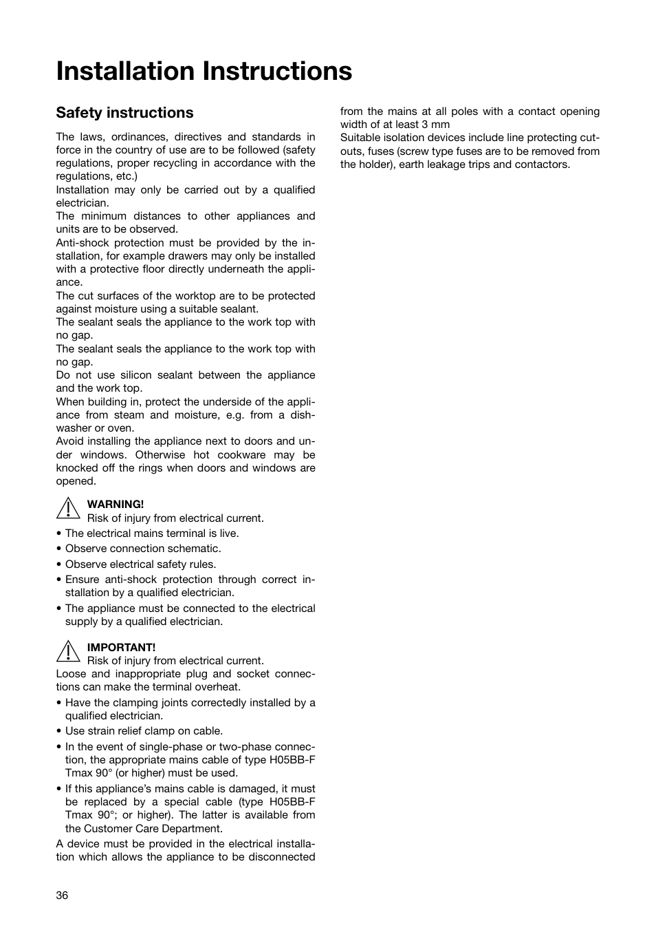 Installation instructions, Safety instructions | Zanussi ZKT 652 DX User Manual | Page 36 / 44