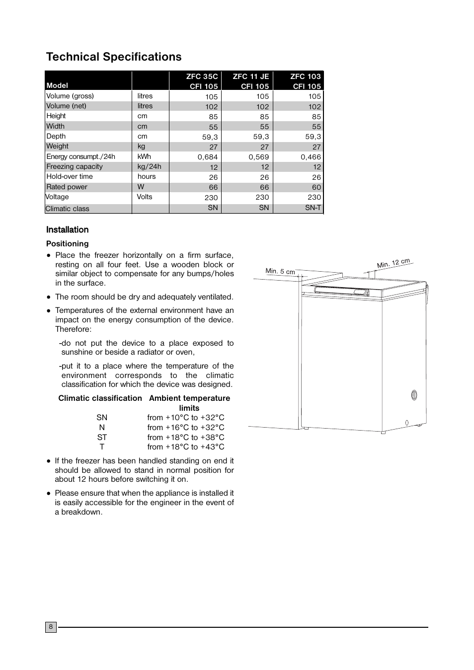 Technical specifications | Zanussi ZFC103 User Manual | Page 8 / 12
