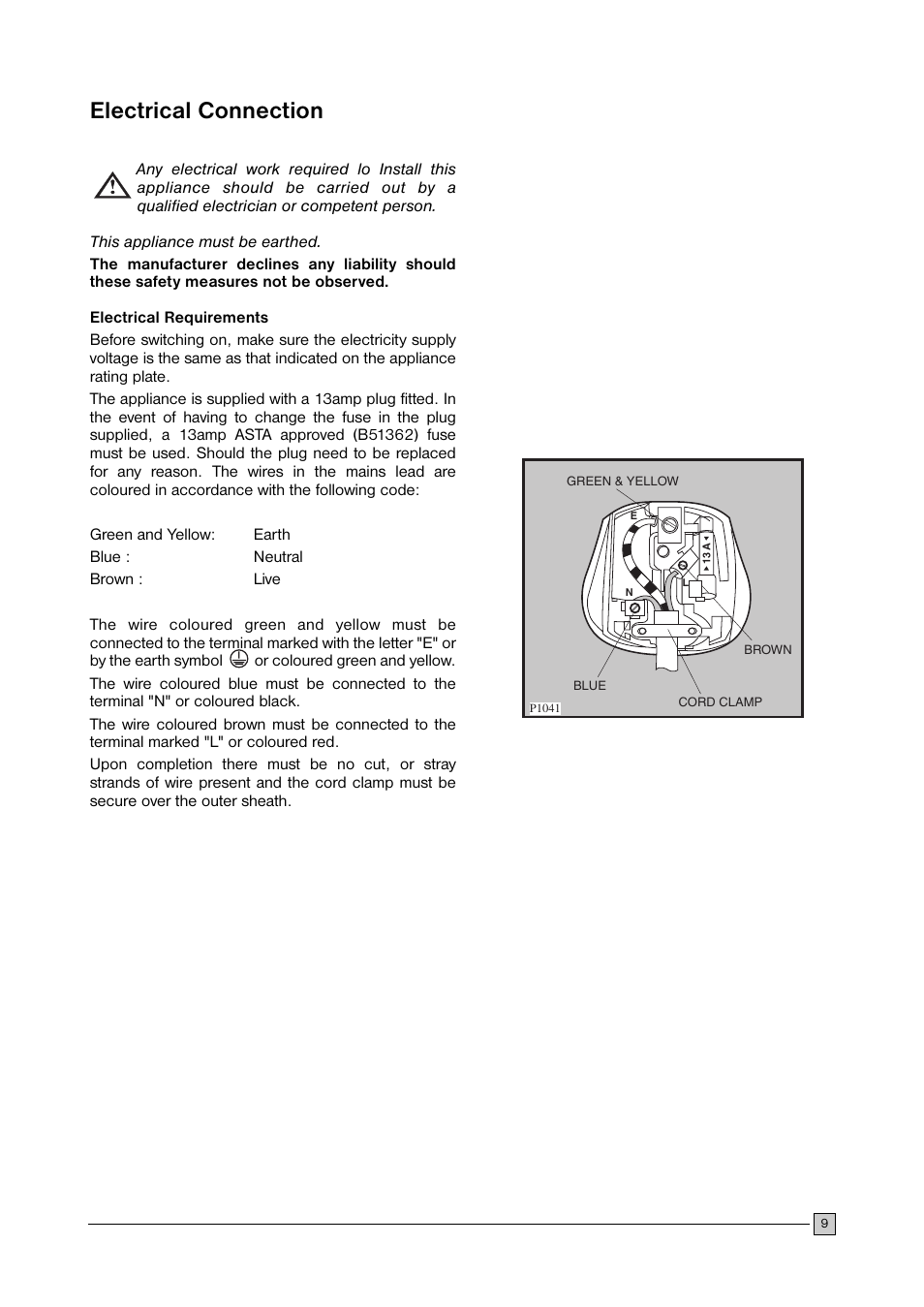 Electrical connection | Zanussi ZFC103 User Manual | Page 9 / 12