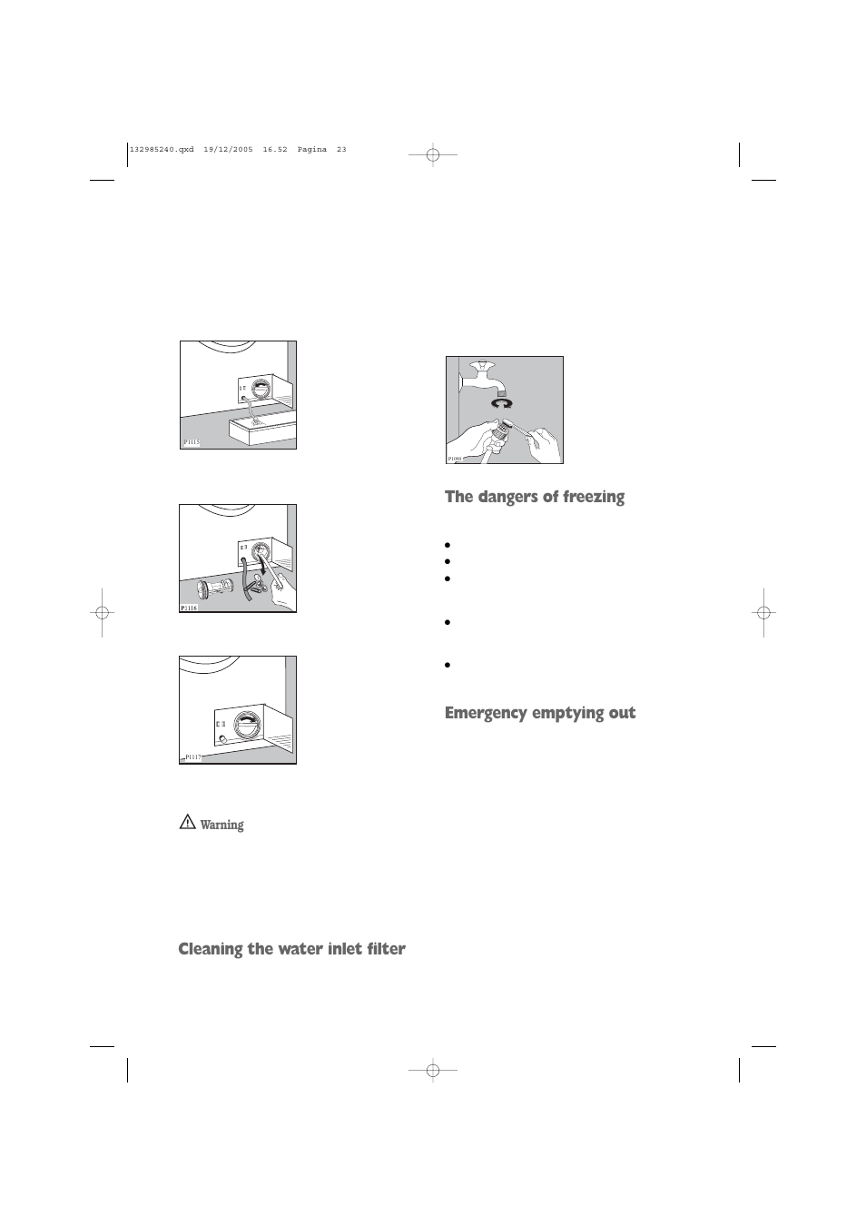 Cleaning the water inlet filter, The dangers of freezing, Emergency emptying out | Zanussi ZWF 1451W User Manual | Page 23 / 32