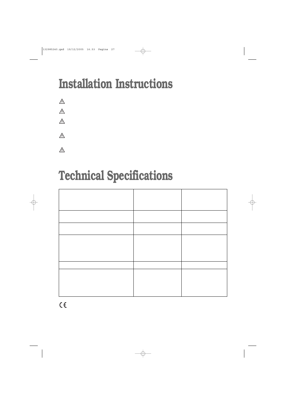 Installation instructions technical specifications | Zanussi ZWF 1451W User Manual | Page 27 / 32
