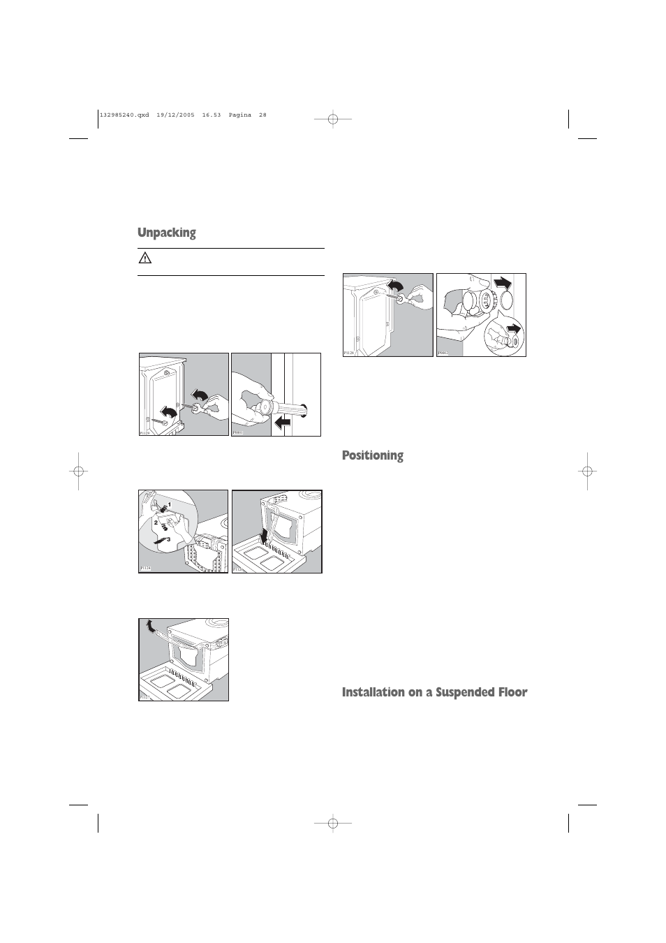 Unpacking, Positioning, Installation on a suspended floor | Zanussi ZWF 1451W User Manual | Page 28 / 32