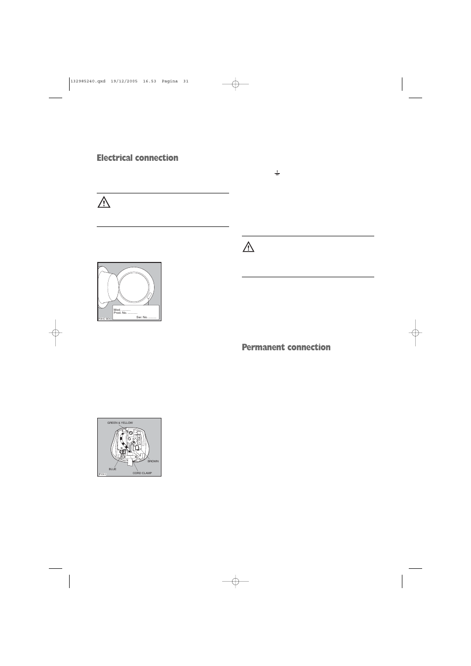 Electrical connection, Permanent connection | Zanussi ZWF 1451W User Manual | Page 31 / 32