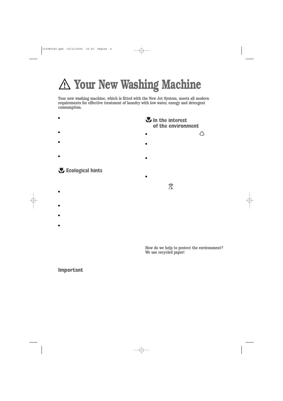 Your new washing machine, Ecological hints, Important | Zanussi ZWF 1451W User Manual | Page 4 / 32