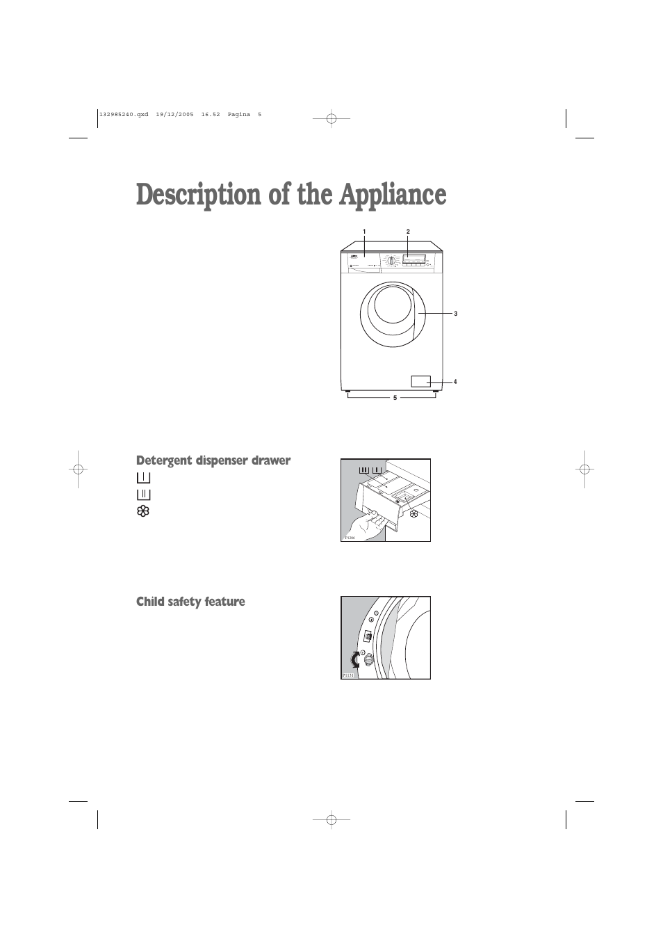 Description of the appliance, Detergent dispenser drawer, Child safety feature | Zanussi ZWF 1451W User Manual | Page 5 / 32