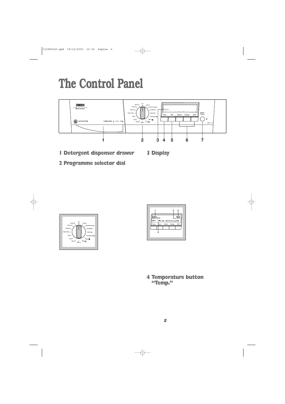 The control panel, 3 display, 4 temperature button “temp | Synthetics (green colour, And delicates (dark gray colour, Corresponds to cold wash | Zanussi ZWF 1451W User Manual | Page 6 / 32