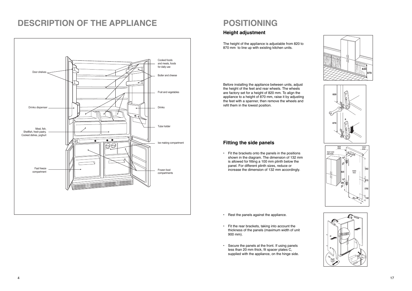 Description of the appliance, Positioning, Height adjustment | Fitting the side panels | Zanussi ZI 8454 X User Manual | Page 17 / 20