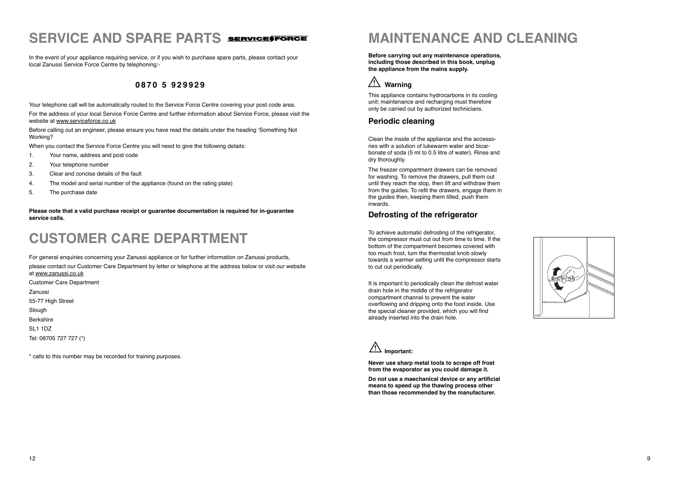 Maintenance and cleaning, Customer care department, Service and spare parts | Zanussi ZI 8454 X User Manual | Page 9 / 20