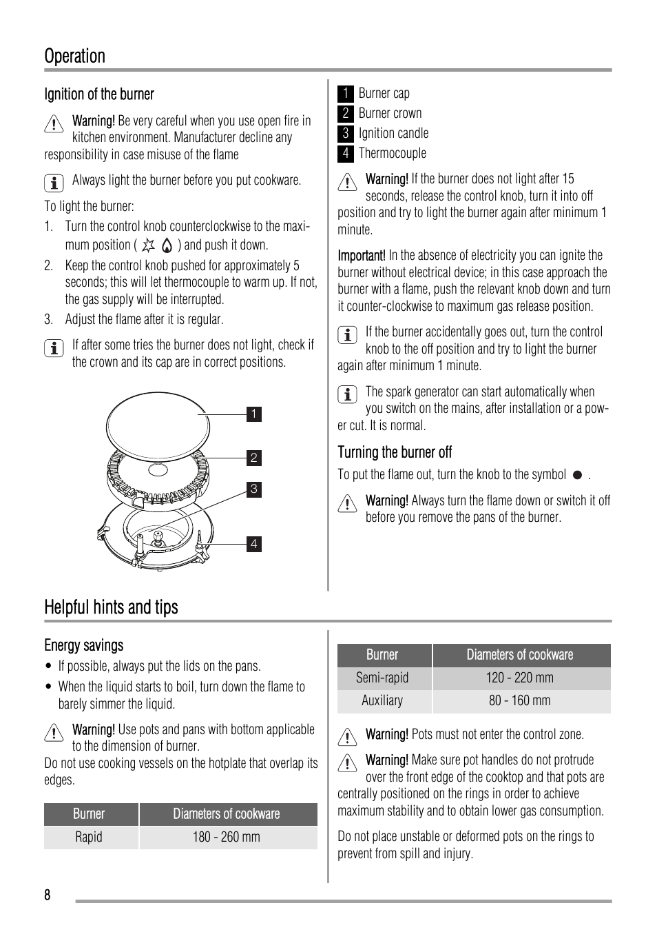 Operation, Helpful hints and tips | Zanussi ZGL62IT User Manual | Page 8 / 16