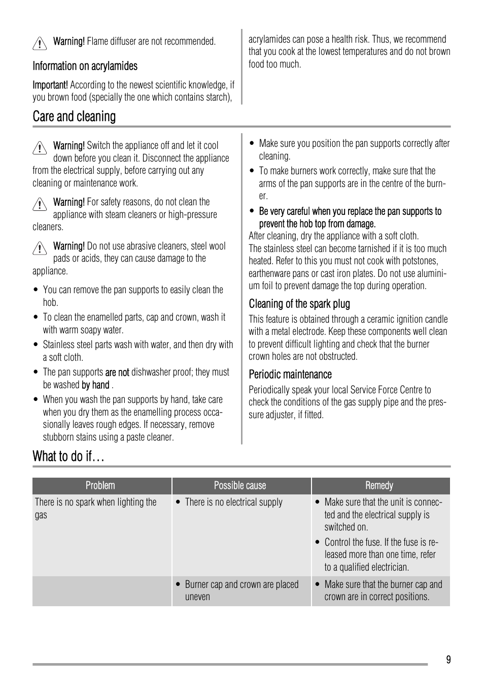 Care and cleaning, What to do if | Zanussi ZGL62IT User Manual | Page 9 / 16