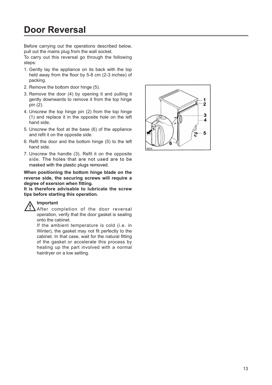 Door reversal | Zanussi ZEF 90 W 1 User Manual | Page 13 / 16