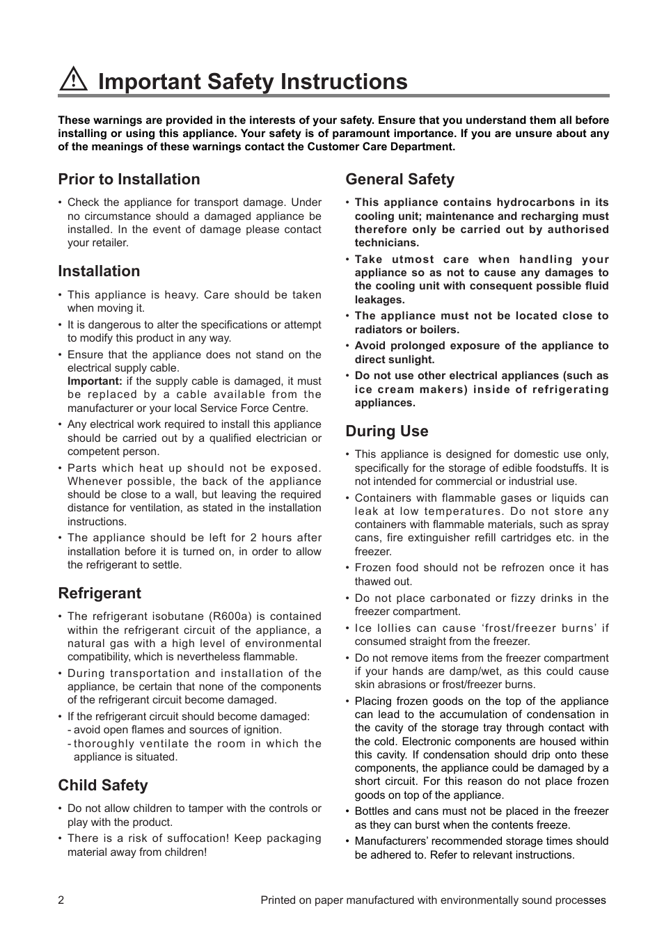 Important safety instructions, General safety, During use | Prior to installation, Installation, Refrigerant, Child safety | Zanussi ZEF 90 W 1 User Manual | Page 2 / 16