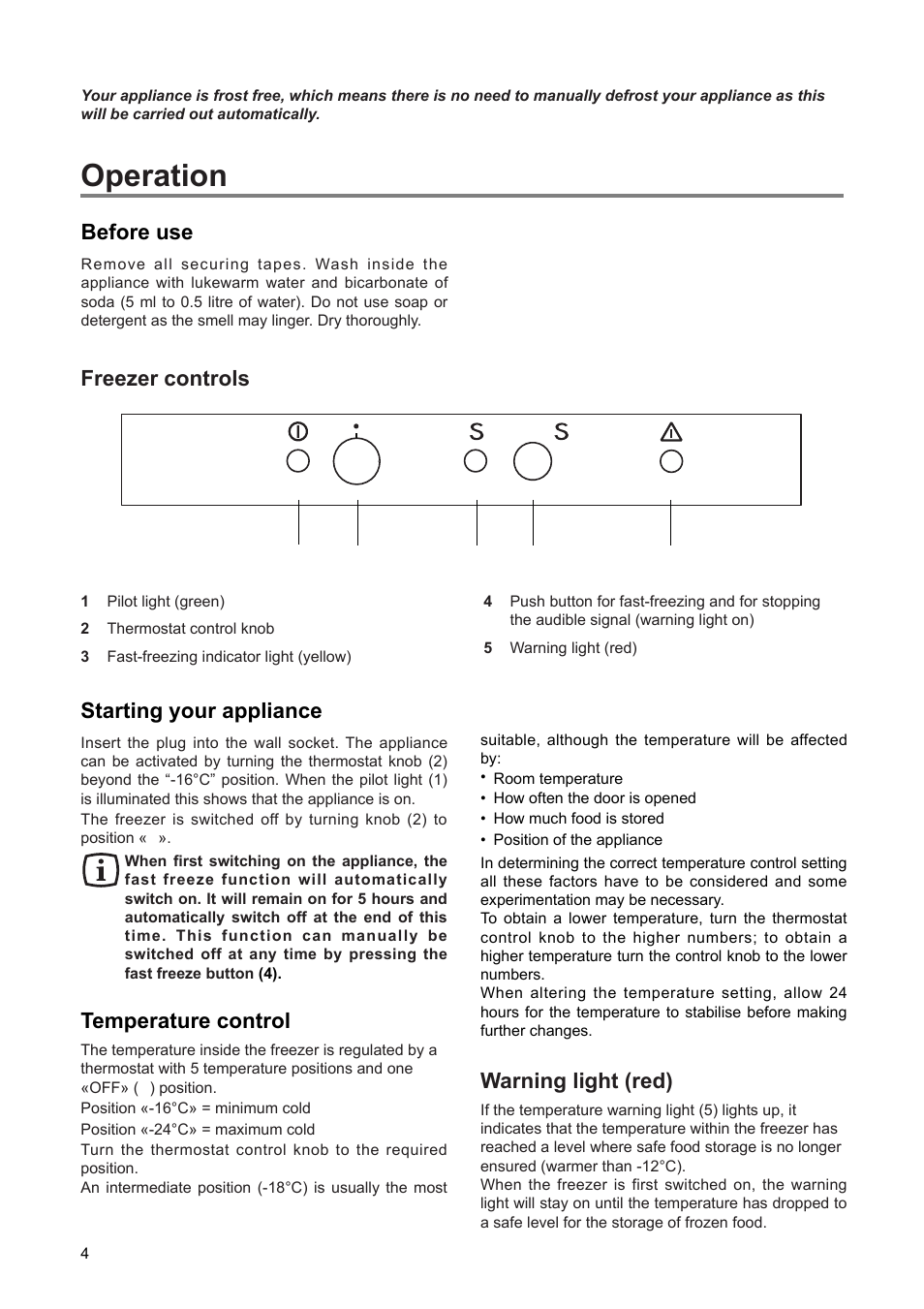 Operation, Before use, Freezer controls starting your appliance | Temperature control, Warning light (red) | Zanussi ZEF 90 W 1 User Manual | Page 4 / 16