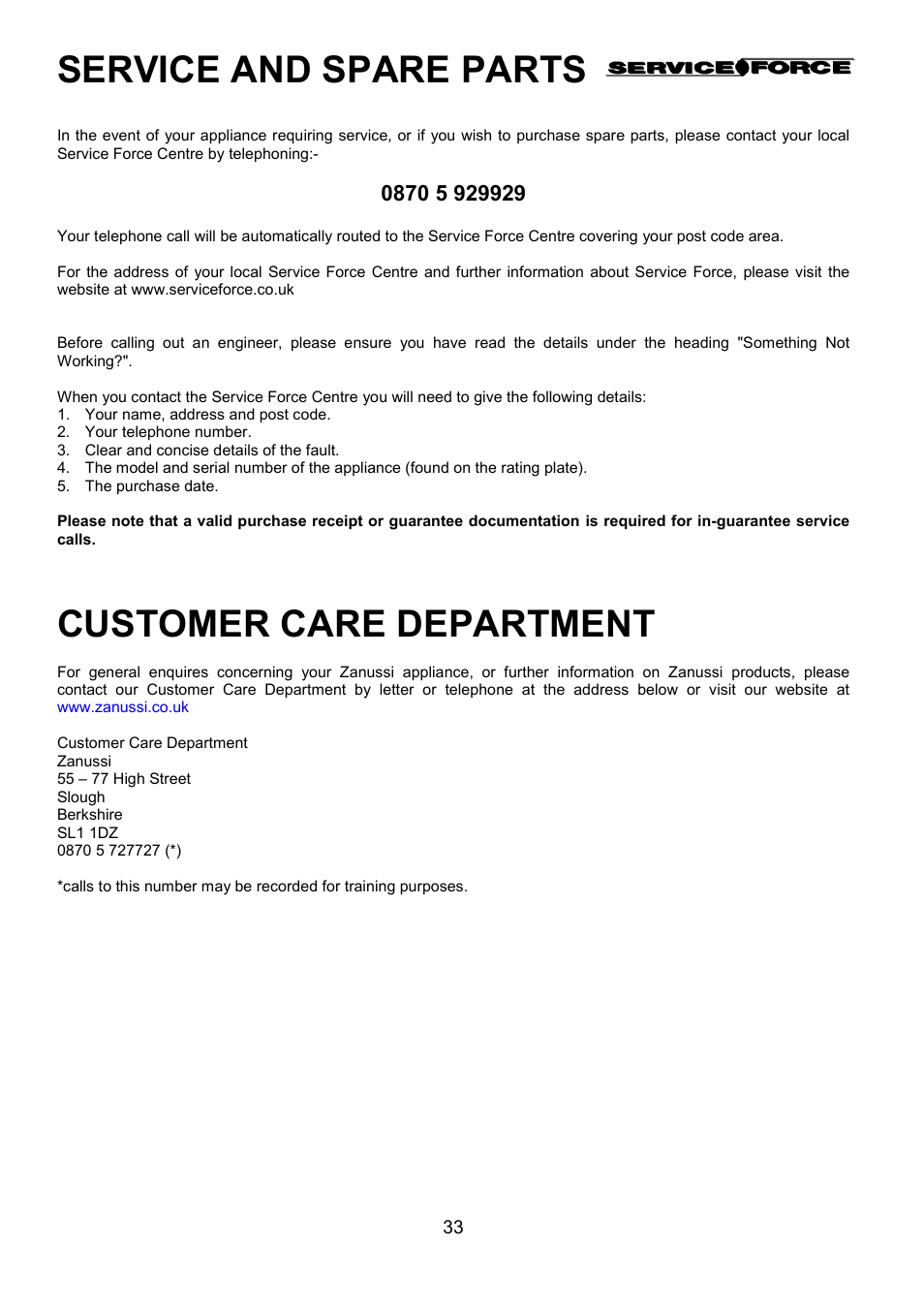 Service and spare parts, Customer care department | Zanussi ZHF 470 User Manual | Page 33 / 44