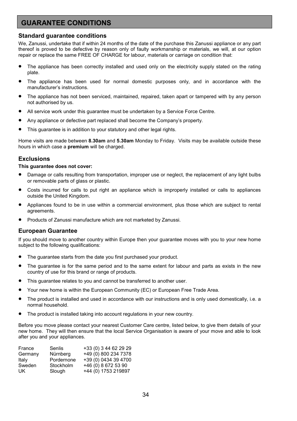 Guarantee conditions | Zanussi ZHF 470 User Manual | Page 34 / 44
