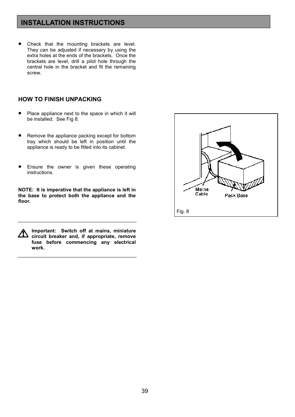 Installation instructions | Zanussi ZHF 470 User Manual | Page 39 / 44