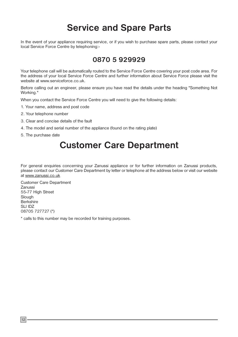 Service and spare parts, Customer care department | Zanussi ZCF 57 User Manual | Page 12 / 16