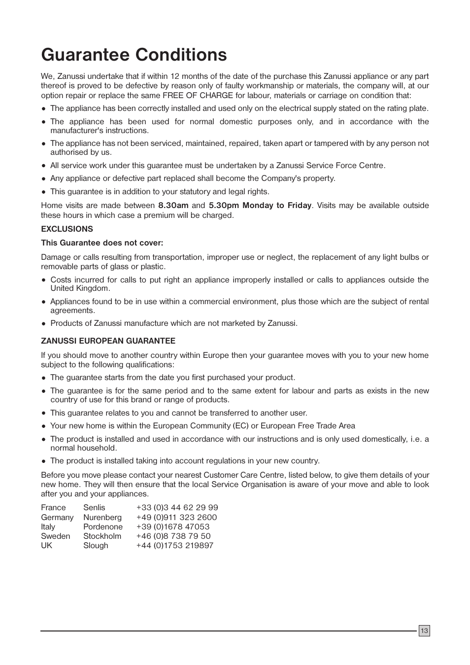 Guarantee conditions | Zanussi ZCF 57 User Manual | Page 13 / 16