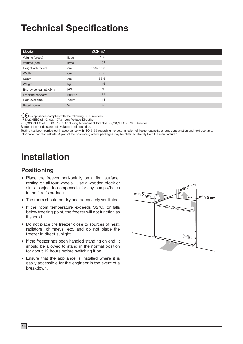 Technical specifications installation, Positioning | Zanussi ZCF 57 User Manual | Page 14 / 16