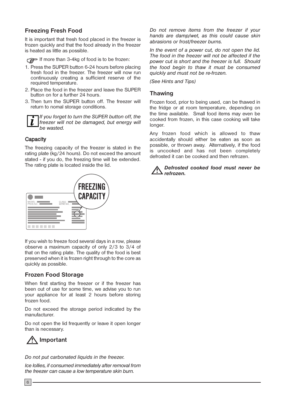 Freezing capacity | Zanussi ZCF 57 User Manual | Page 6 / 16
