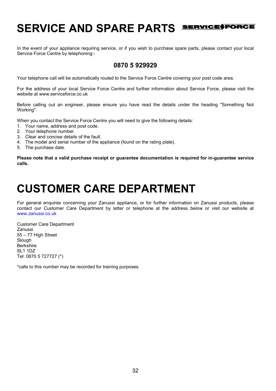 Service and spare parts, Customer care department | Zanussi ZCE 7701 User Manual | Page 32 / 36