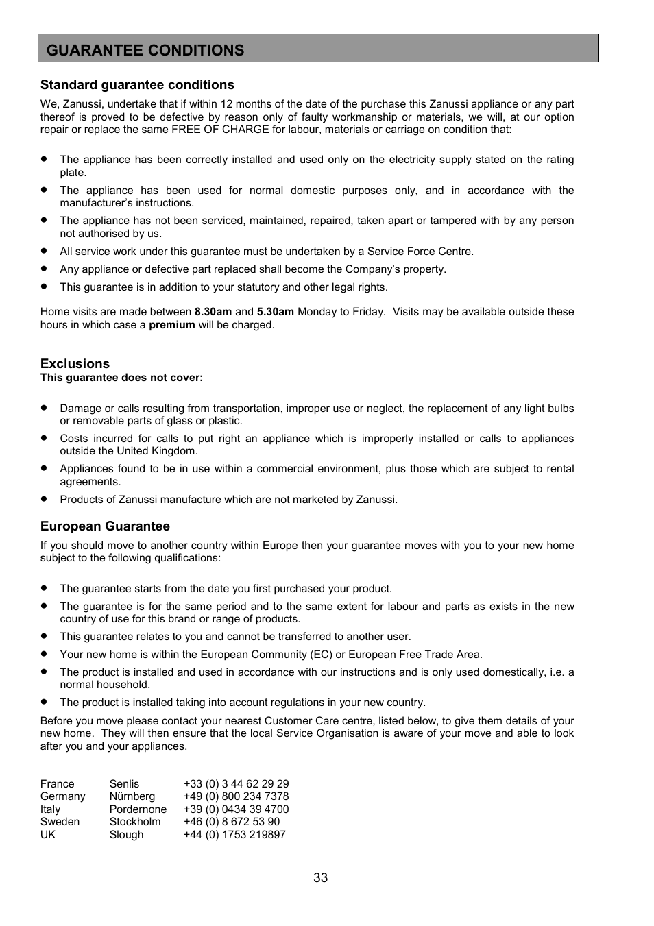 Guarantee conditions | Zanussi ZCE 7701 User Manual | Page 33 / 36