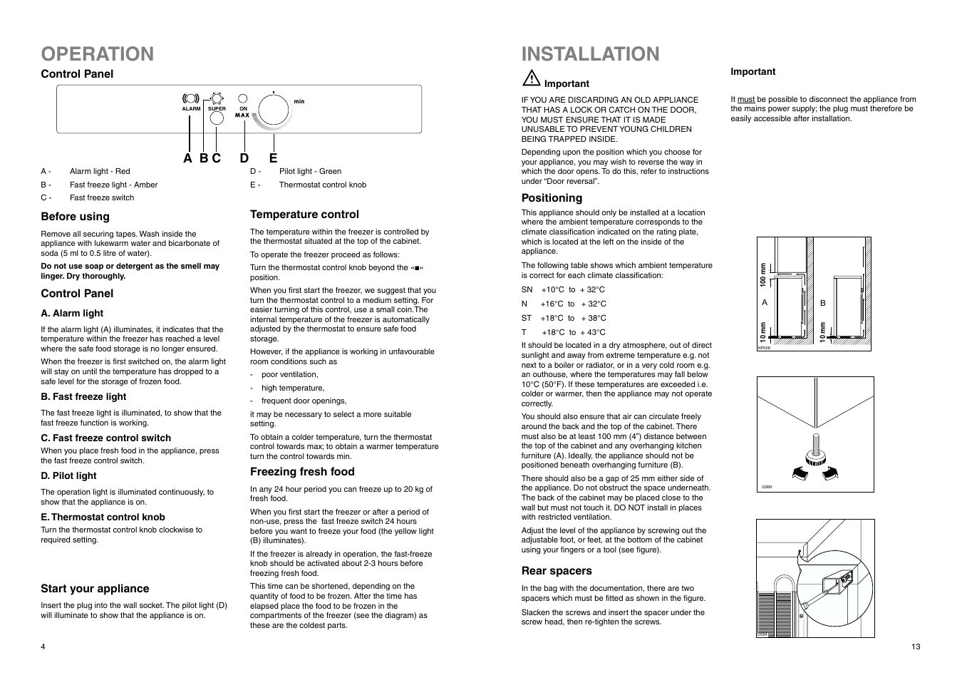 Operation, Installation, Da c e b | Zanussi ZUF 2320 User Manual | Page 4 / 16