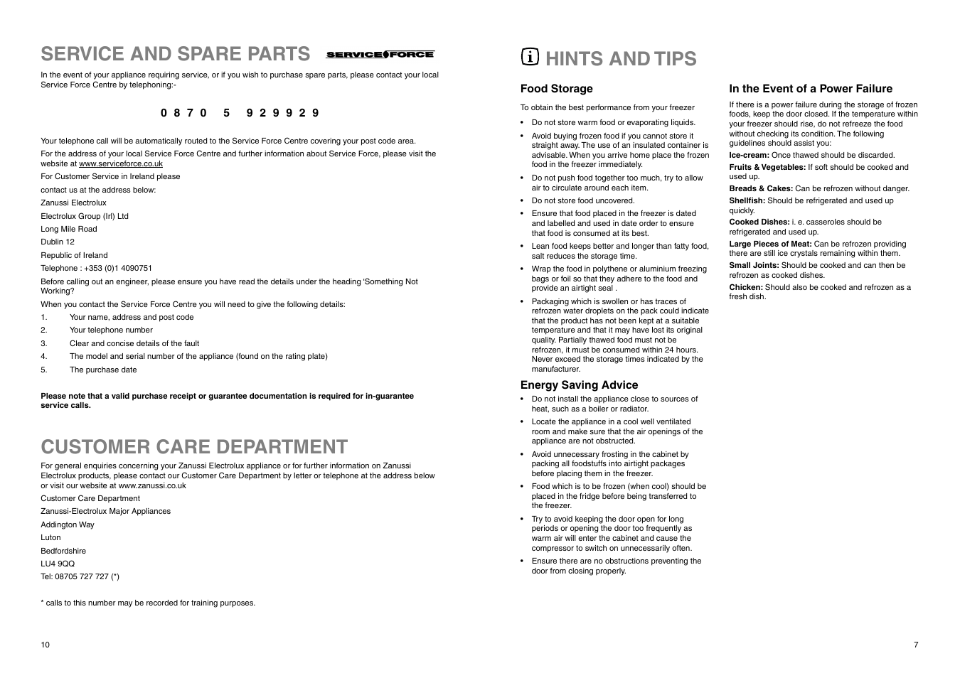 Hints and tips, Service and spare parts customer care department | Zanussi ZUF 2320 User Manual | Page 7 / 16