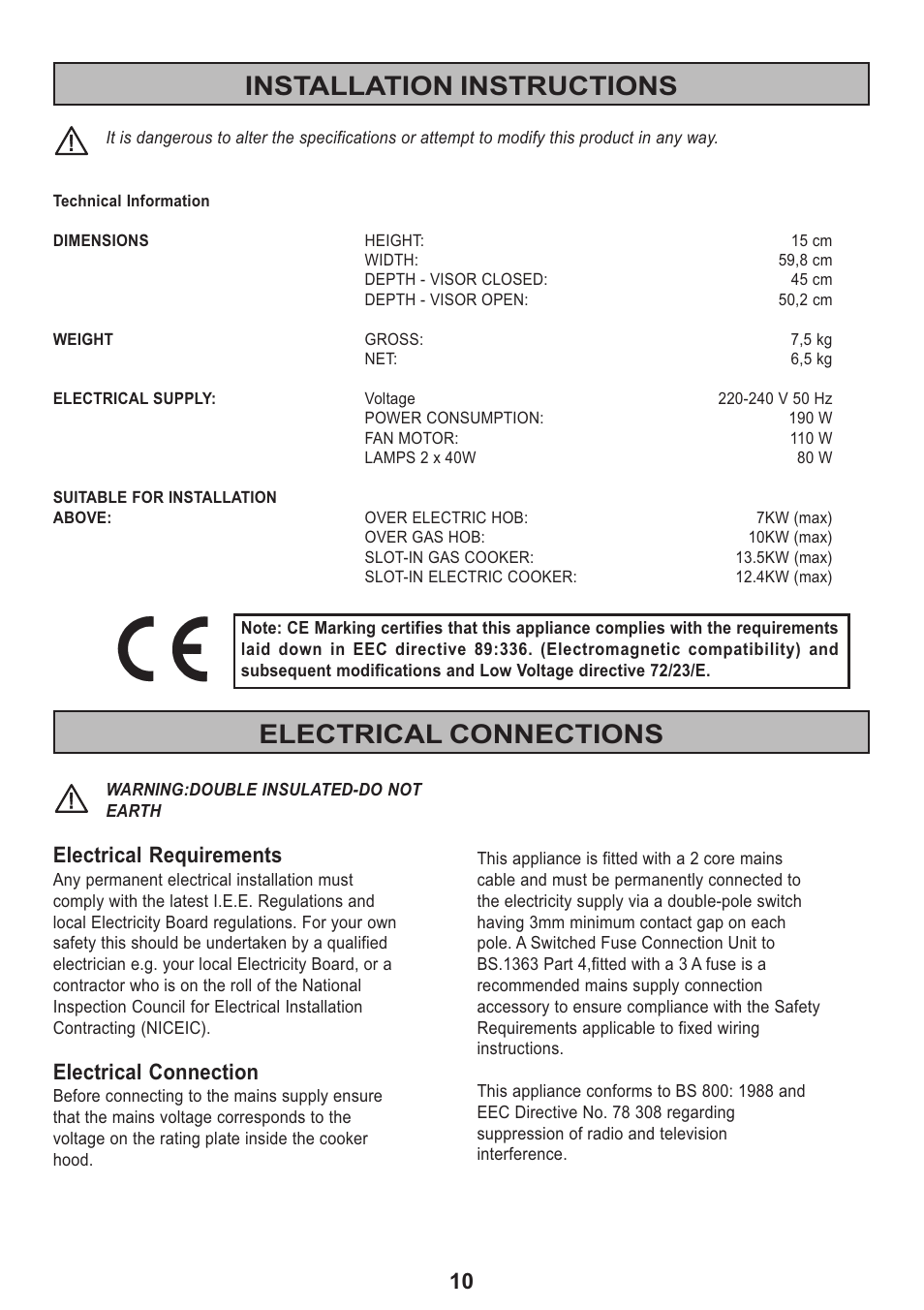 Installation instructions, Electrical connections, Electrical requirements | Electrical connection | Zanussi ZHT 610 User Manual | Page 10 / 20