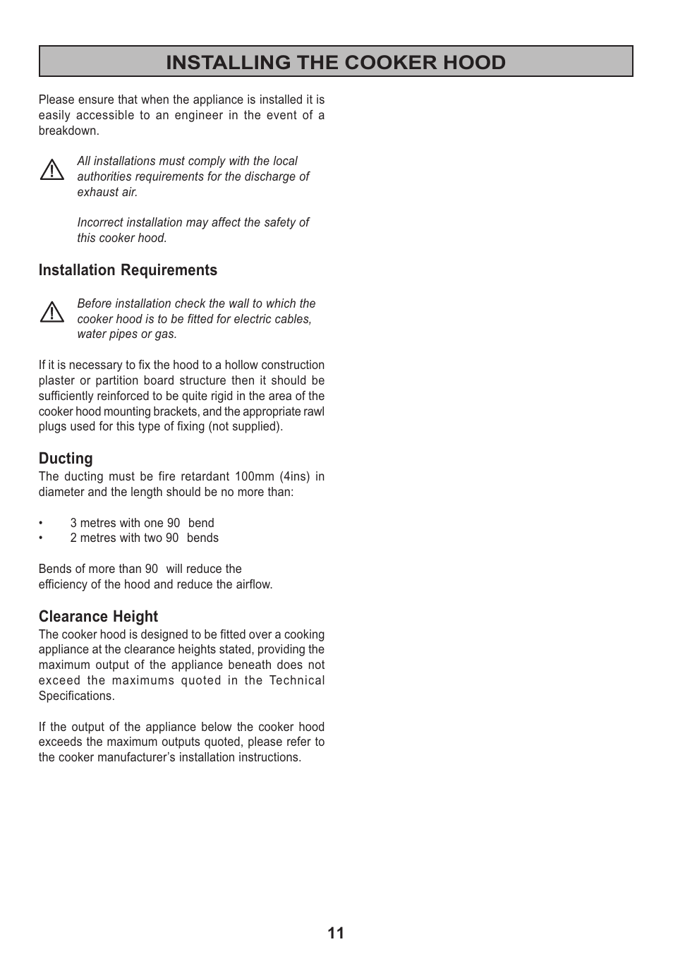 Installing the cooker hood | Zanussi ZHT 610 User Manual | Page 11 / 20