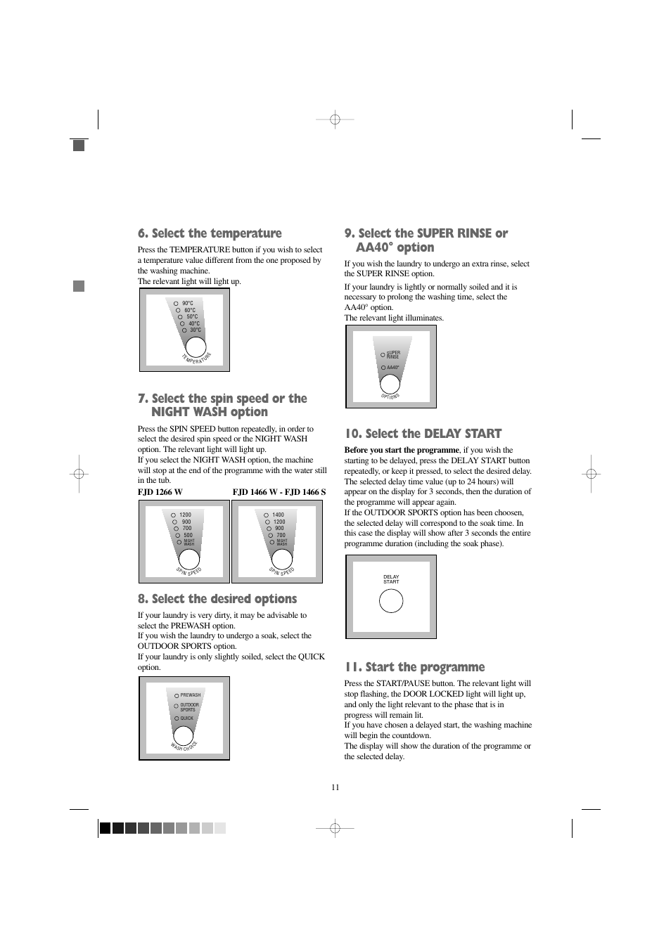 Select the temperature, Select the spin speed or the night wash option, Select the desired options | Select the super rinse or aa40° option, Select the delay start, Start the programme | Zanussi FJD 1466 S User Manual | Page 11 / 27